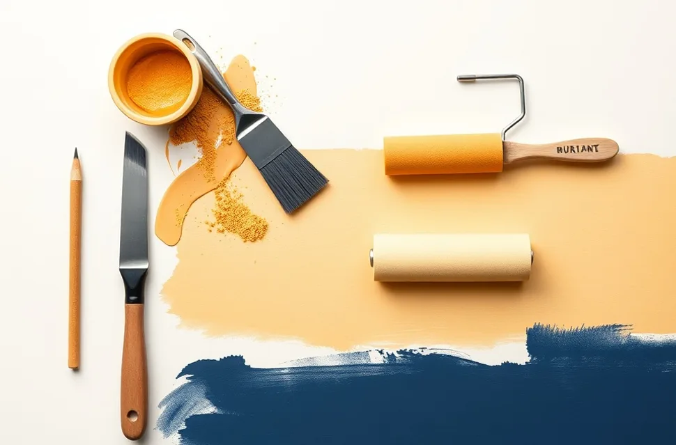 Outils de peinture disposés dans l'ordre des étapes du chantier