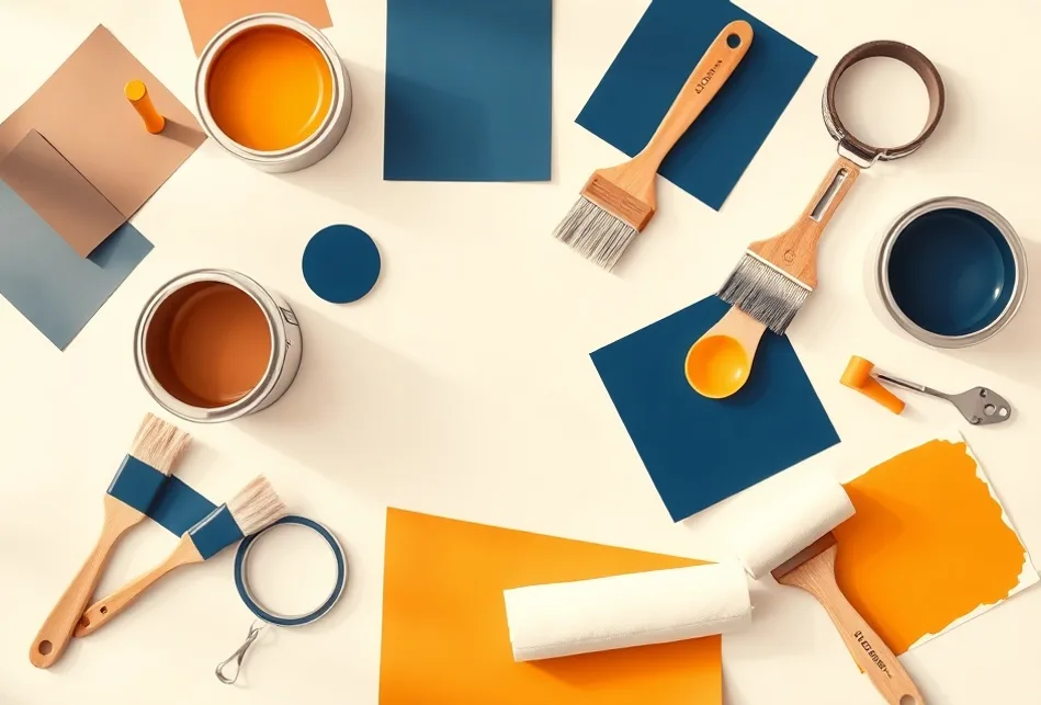 Pots de peinture, nuancier, brosses et rouleaux disposés à plat
