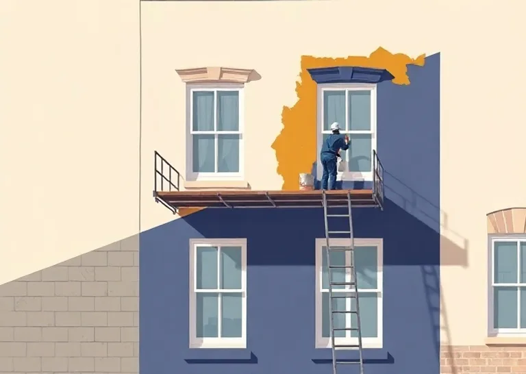 Peintre sur échafaudage traitant la façade d'une maison