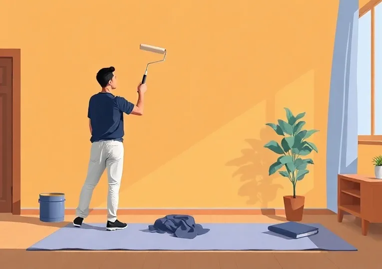 Peintre appliquant la peinture au rouleau sur un mur de salon