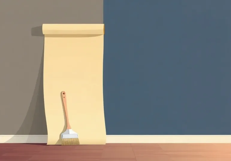 Pose de papier peint, rouleau et brosse à maroufler